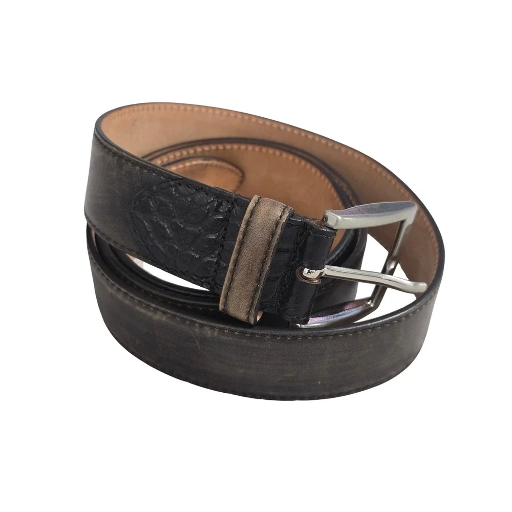 Paul Fredrick Mens Black Leather Croc Embossed Belt Made in Italy Size 44 BHL100